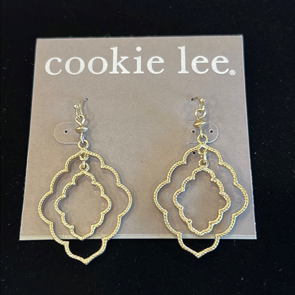 Gold Toned Textured Dangling Scalloped Earrings by Cookie Lee #31007